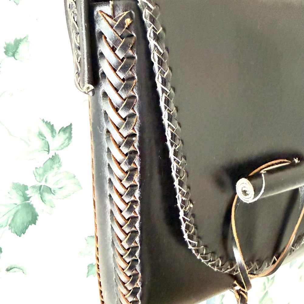 Vintage Black Leather Shoulder Bag Woven Trim Boho Western Style Purse - Picture 3 of 6